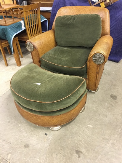 Wicker Thomasville Upholstered Plantation Chair W/Matching Ottoman-Palm Tree Design