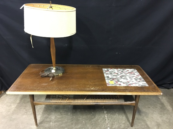 Vintage Tile Inlaid Coffee Table W/Lamp  *Damage To Wicker & Scratches*
