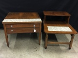 Pair Of Walnut End Tables W/Tile Inlay  *Plenty Of Wear On Top & Edges*