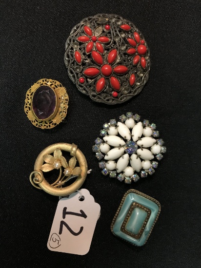 (5) Vintage Brooch Pins/Pins--Largest Is 2.5" Diameter