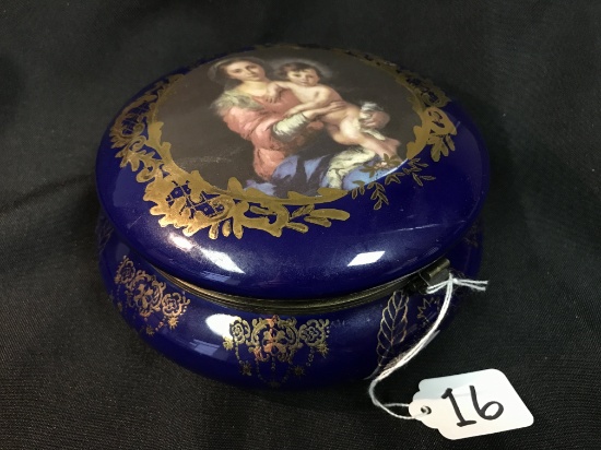 Limoges China Lidded Cobalt & Gold Dresser Box W/Mother & Child