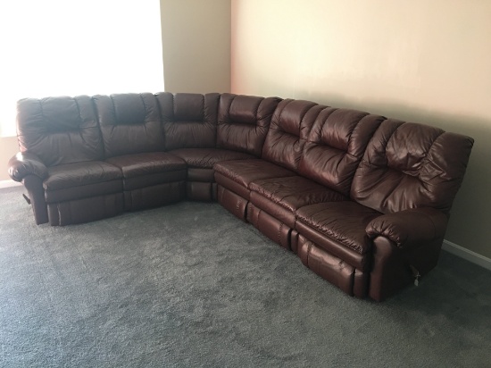 Brown Vinyl, L Shaped Couch with Dual Recliners