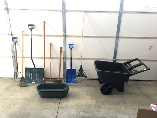 Plastic Yard Cart with All Yard Tools Pictured