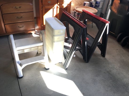 Folding Step Stool, Plastic Bin Unit on Wheels and Two Saw Horses