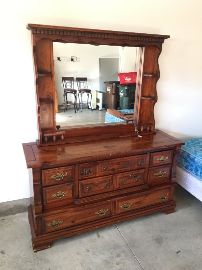 Pine Triple Dresser with Mirror, Shows wear from years of use