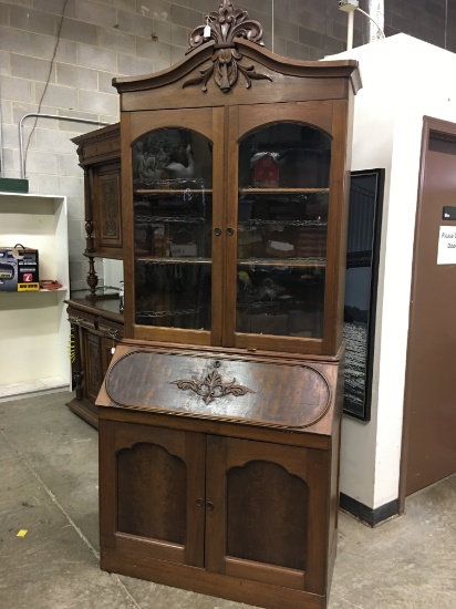 Antique Walnut Drop-Front Bookcase Secretary