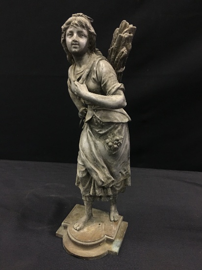 Vintage 17"T. Spelter Statue Of Girl W/Sticks