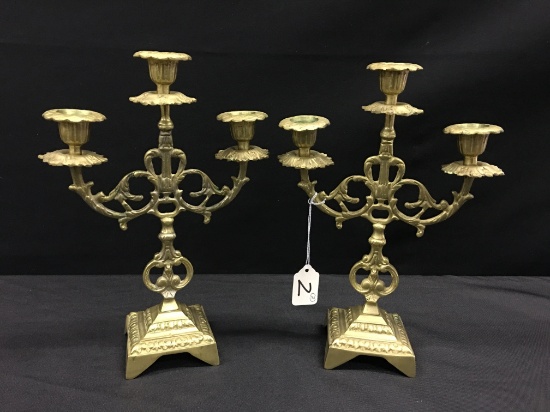 Pair Of 11"T. Brass 3-Light Candleholders