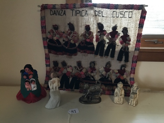 Mexican Wall Tapastry, Souvenir Figurines and Willoe Tree Figure