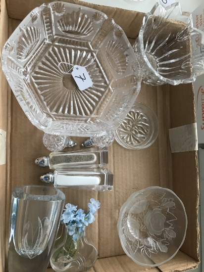 Eight Pieces of Glassware and Two Sets of Salt and Pepper Sets