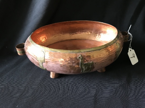 Hammered Copper and Brass Oval, Footed Bowl, 4" Tall