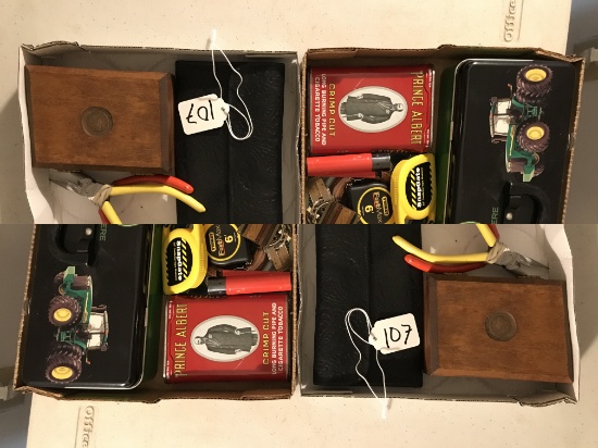 Lot W/Tobacco Tin, Knife, Key Chains, Wallets, & More!