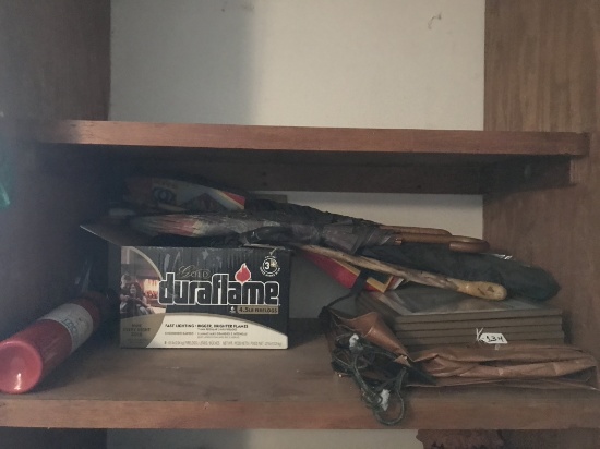 Shelf Of Picture Frames, Tarp, Umbrella's, & Misc. Items