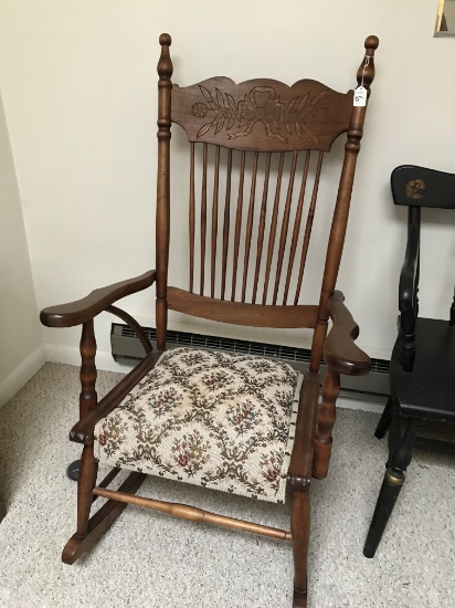 Antique Rocker W/Pressed Back & Upholstered Seat