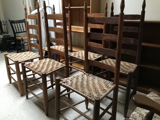 Set Of (6) Oak Ladder Back Chairs W/Woven Splint Seats