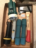 Lot With Flashlights, Weights, Camping Axe, & More!