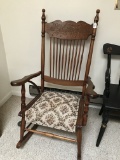 Antique Rocker W/Pressed Back & Upholstered Seat