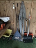 Shed Lot Of Yard Tools: Axe, Snow Shovels, Rakes, Pitch Fork, & Coveralls