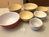 (7) Vintage Mixing Bowls: Large Red Pyrex Is Good, All Others Have Some Damage