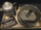 Antique Kitchen Tinware: (2) Calumet Baking Pie Pans, Swans Cake Mold, Sad Iron, & Vintage coffee Po