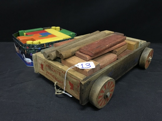 Vintage Wooden Toy Wagon W/Blocks Is 10" Wide x 15" Long