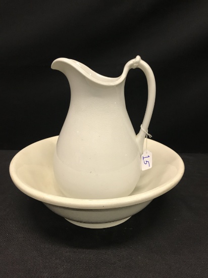 Antique White Ironstone Pitcher & Wheeling Pottery Bowl Is 13" Tall