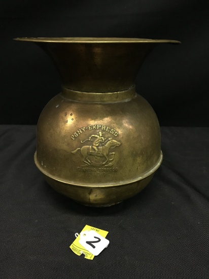 Brass Embossed Pony Express Spittoon Is 10" T.  *Has some dents & dings*