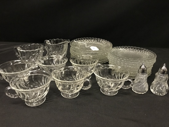 Fostoria "Colony" Pattern Dinnerware: (8) 7" Plates, (10) Saucers W/(6) Cups, Salt & Pepper, & Cream