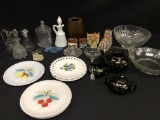 Lot Of Glassware: (4) Cruets, Stoneware Jar (Chipped), Milk Glass Plates, & More!