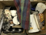 (2) Boxes Of Misc. Kitchen Items: Muffin/Cake Tins, Iced Tea Pot, Rugs, + More!!