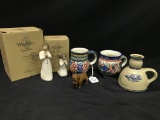 (2) Willow Tree Figures & Portugal Pottery Mugs & Stoneware Candle Holder By Cedar Swamp