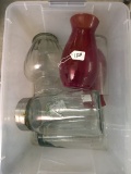 Plastic Tote of Glass Jars and More