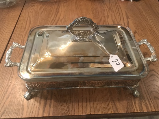 Casserole Dish In Silver Plated Holder Is 9" x 18" x 9"T.