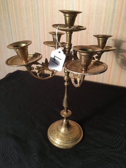 Middle Eastern Engraved Brass 5-Light Candle Holder Is 12.5"T.