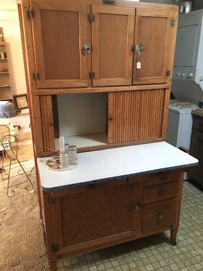 Antique Oak Hoosier Kitchen Cabinet W/Flour Bin & Some Jars