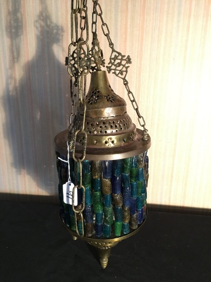 Unusual Middle Eastern Brass/Glass Hanging Lamp Is 16" Tall