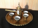 Engraved Brass Tea Set W/Tray, 6 Cups W/Porcelain Inserts, & 7