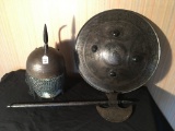 Unusual Middle Eastern Engraved Shield, Helmet W/Chain Mesh, & Horsemans Axe