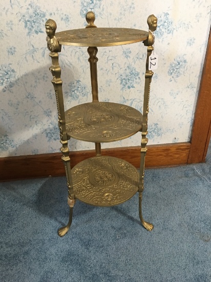 3 Tier Plant Stand with Embossed Shelves and Legs with Figural Heads