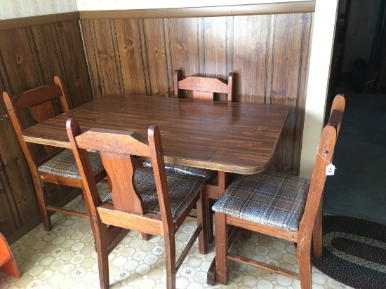 Pine and Formica Breakfast Nook Table with 4 Chairs