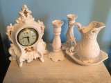 Lot Of Ceramics: Clock, Pitcher & Bowl, & Candleholders