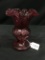 Fenton Cranberry Swirl Vase W/Ruffled Top Is 6.75