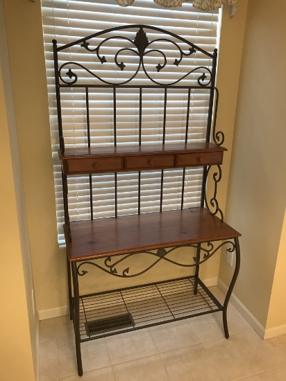 Bakers Rack With Iron Frame & Wood Drawers/Shelf