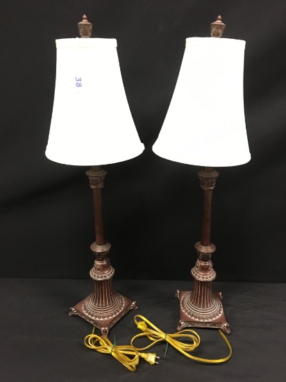 Pair Of Decorator Stick Lamps W/Shades Are 32" Tall