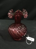 Fenton Cranberry Swirl Vase W/Ruffled Top Is 6.25
