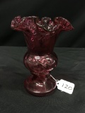 Fenton Cranberry Swirl Vase W/Ruffled Top Is 6.75