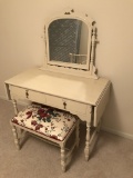 Vintage Painted 2-Drawer Drop Leaf Vanity W/Mirror & Bench Seat