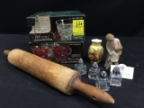 Wexfor Glasses, Willow Tree Figure, & Antique Rolling Pin