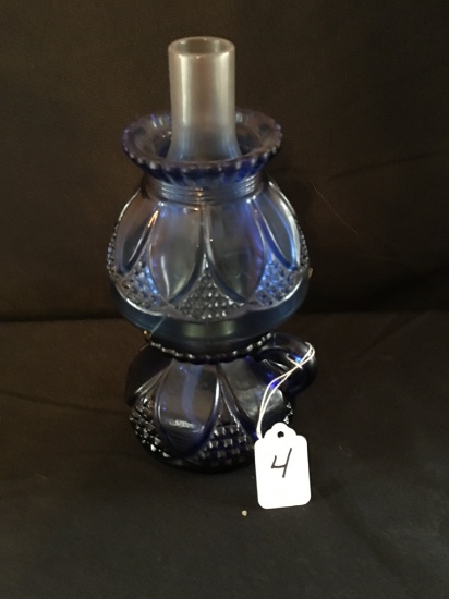 Miniature Blue Oil Lamp Is marked "ABC Nutmeg" Is 6" Tall