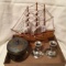 Misc: Pewter Candle Holders, Engraved Brass Bowl W/Lid, & Wooden Ship